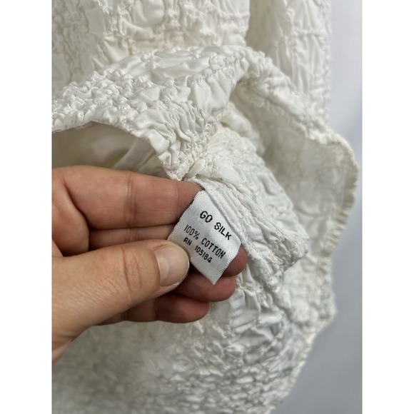 GO SILK Cream Puckered Smocked Blouse M Romantic Boho Victorian Loop Button Top - Picture 6 of 11